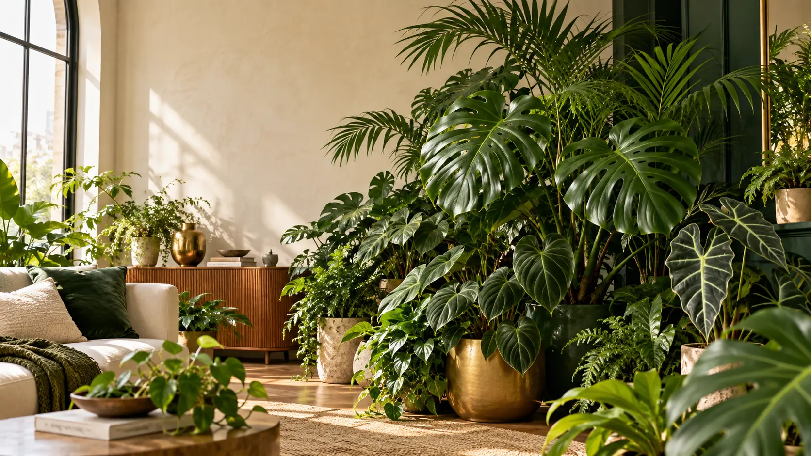 Lush monstera, philodendron, alocasia, and palm plants in a tranquil cream-and-green living space